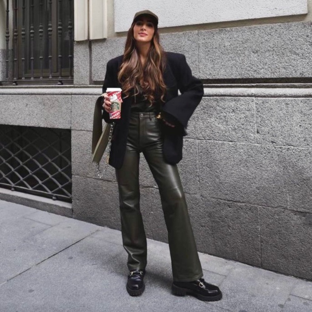 Zara limited edition leather straight leg pants olive green - Picture 2 of 16